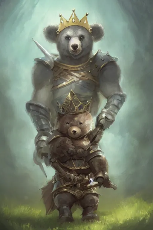 Image similar to cute little anthropomorphic bear knight wearing a cape and a crown, tiny, small, miniature bear, baby animal, short, pale blue armor, cute and adorable, pretty, beautiful, DnD character art portrait, matte fantasy painting, DeviantArt Artstation, by Jason Felix by Steve Argyle by Tyler Jacobson by Peter Mohrbacher, cinematic lighting