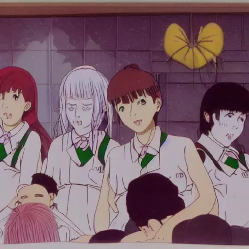 Prompt: screenshot from guro anime, 8 0's horror anime, yellowed grainy vhs footage with noise, schoolgirls trapped in a bathroom, girls are in beige sailor school uniforms, one girl has white hair, detailed expressive faces, various hair colors and styles, various ages, in the style of studio ghibli,