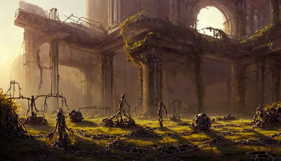 Image similar to dead robots in ancient sci - fi ruins, gray wasteland, rusted junk, rubble, pillars, flowers, vines, hyperrealistic, highly detailed, cinematic, single ray of golden sunlight, beautiful, cgssociety, artstation, 8 k, oil painting by greg rutkowski, by artgerm, by wlop