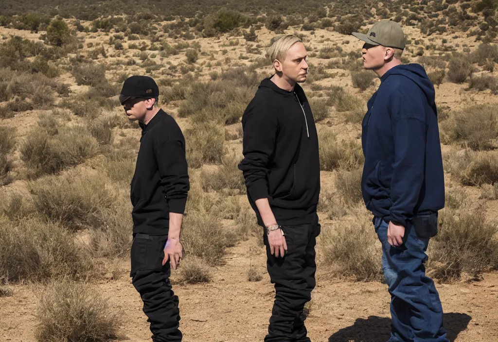 Prompt: eminem talking with saul goodman, studio photo, hdr, award winning photo, stunning scenery, 8 k, face focus