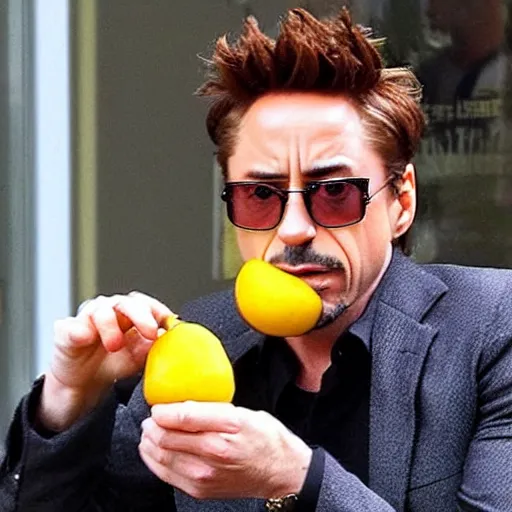 Image similar to robert downey jr. eating a mango.