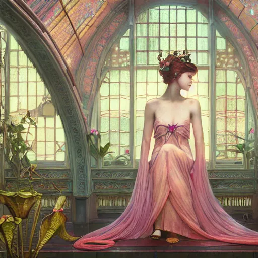 Prompt: a princess full body portrait, fine kindness delicate prefect face, in the flower room, light beam shines through the window, elegant, smooth, sharp focus, atmospheric lighting, masterpiece, style of tom bagshaw, raphael lacoste, peter mohrbacher, louis comfort tiffany, victo ngai, james jean, 4 k hd hyperdetailed illustration wallpaper, chinese style