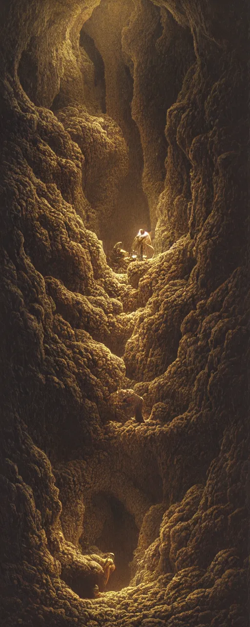 Image similar to a golemn tending to a intricate dried flower in a dark cave, zdzislaw beksinski, arthur rachham, interior, 8 k, artstation