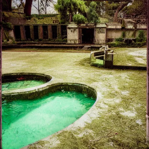 Image similar to the Playboy mansion's grotto abandoned, the pool is drained and covered with algae and weeds growing through cracks, the heat is oppressive. Lomo style.