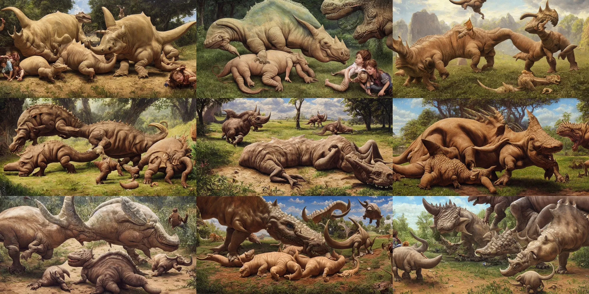 Prompt: beautiful, very detailed painting of kids playing around a sleeping triceratops, by james gurney, in the style of dinotopia, high quality, 4 k