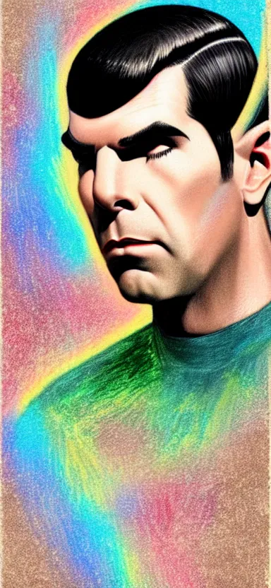 Image similar to : ZACHARY QUINTO SPOCK fanart + 70s SPRAY PAINT TEXTURE + art by J.C. LEYENDECKER + 4K UHD IMAGE + STUNNING QUALITY + CRAYON TEXTURE