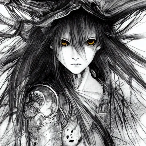 Prompt: Yoshitaka Amano blurred and dreamy illustration of an anime girl with black eyes, wavy white hair and cracks on her face wearing elden ring armour with the cape fluttering in the wind, abstract black and white patterns on the background, noisy film grain effect, highly detailed, Renaissance oil painting, weird portrait angle