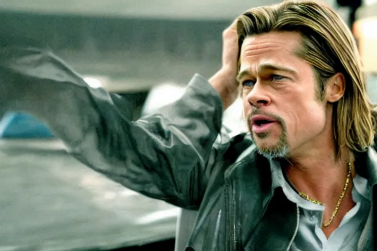 Prompt: Brad Pitt as Jim Jones in 'Jones Cult' (2008), movie still frame, promotional image, imax 70 mm footage, oscar nominated cinematography, volumetric lighting, 8k resolution