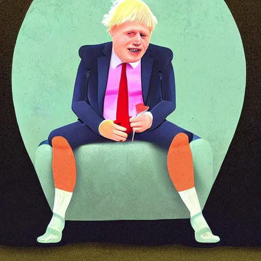 Image similar to Illustration of Boris Johnson, sat in a lounge on his own, wearing a birthday party hat and crying by Roger Dean