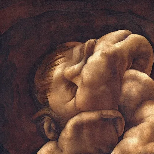 Image similar to scared man looking up, high detail painting by michelangelo