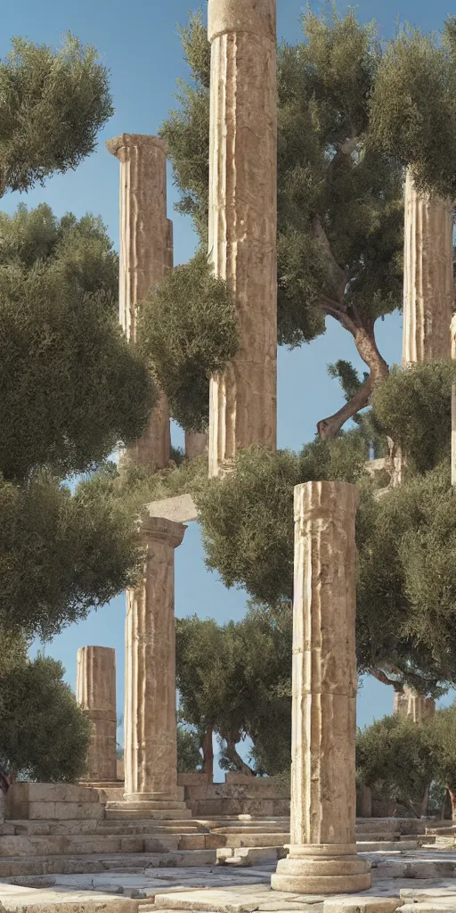 Image similar to ancient greek city, sunny day, olive trees, houses and temples, marble columns, by ilya kuvshinov, rtx rendering, octane render 1 2 8 k, maya, extreme high intricate details by tom bagshaw, medium shot, composition by sana takeda, lighting by greg rutkowski