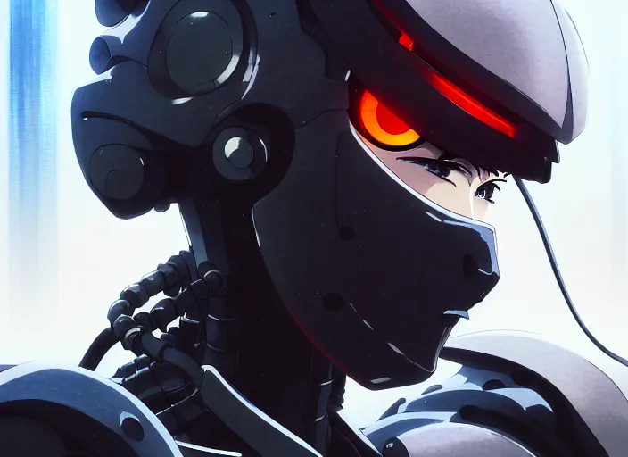Image similar to a anime portrait of a cyborg ninja, finely detailed features, closeup at the face, sharp focus, perfect art, city background, cinematic lighting, intricate, anime, illustration, artstation, trending on pixiv fanbox, painted by greg rutkowski, studio ghibli, yoji shinkawa, hayao miyazaki, 4 k,