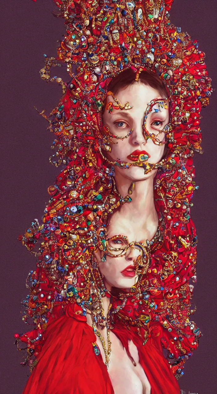 Prompt: a female character design wearing high fashion, beads hanging over her face like an alexander mcqueen headdress, costume by eiko ishioka, haute couture, dior, and a red cape by moebius, steven outram, colourful and psychedelic, hd, 8 k, artstation, high quality, ultra detailed