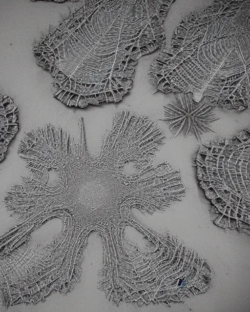 Prompt: a beach, made of intricate decorative lace leaf skeleton, shot from a drone, in the style of the dutch masters and gregory crewdson, dark and moody