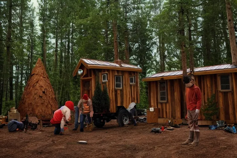 Image similar to movie scene, real life team of gnome people building a tiny house in their forest village natural lighting by emmanuel lubezki