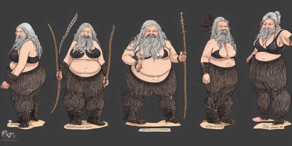 Image similar to triptych of elderly female feminine bearded dwarven heavyset fighter with curly long grey hairstyle, her full beard is long and plaited style, she has wrinkled skin and is wearing full black platemail armor with intricate slight gold trim by rossdraws, triptych format