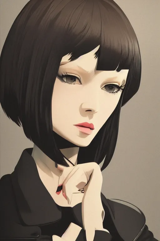 Prompt: close-up of a girl with a stylish trenchcoat by Ilya Kuvshinov, black bob cut hair, poster