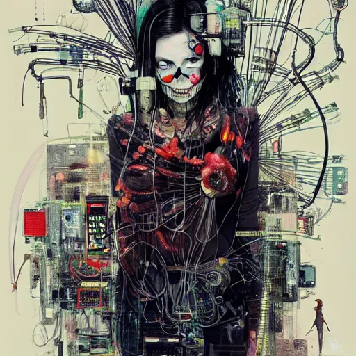 Prompt: olivia munn as a cyberpunk noir detective, skulls, wires cybernetic implants, machine noir grimcore, in the style of adrian ghenie esao andrews jenny saville surrealism dark art by james jean takato yamamoto and by ashley wood and mike mignola