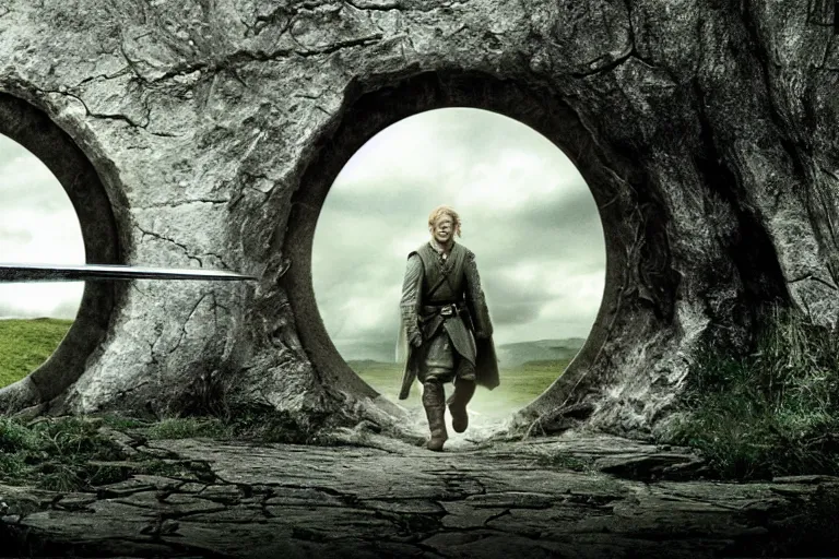 Prompt: movie still from the lord of the rings directed by ridley scott, landscape, the shire in the style of h. r. giger, grey sky overhead, metallic hobbit holes