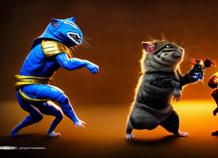 Image similar to hamster dressed as sub zero fights a cat dressed as scorpion in mortal kombat on the background of a laughing shao khan. fantasy magic style. highly detailed 8 k. intricate. lifelike. soft light. sony a 7 r iv 5 5 mm. unreal engine with nanite and path tracing