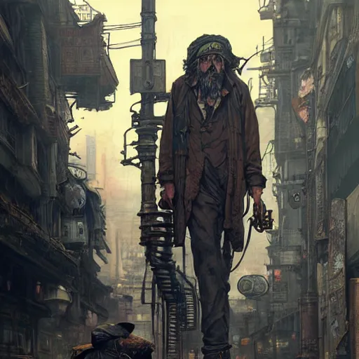 Image similar to A steampunk very detailed homeless person with highly detailed face on the street of a very highly detailed steampunk city art by Greg Rutkowski, neofuturistic highly detailed, digital concept art, Dimensional cyan gold natural light, sharp focus, Golden Ratio illustration, realistic concept art by Stephen Hickman and James Gurney and Hiromasa Ogura Ghost in the Shell rendered in Octane Render