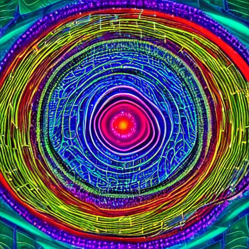 Image similar to An luminescent effervescent interlocking series of recticular nodes driven by vortices singling out a chaotic colorful mosaic premised upon the suffering of all man