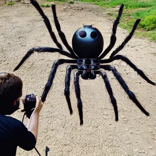 Prompt: A giant spider is behind the cameraman but he doesn't know