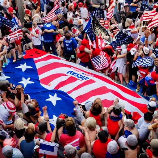 Prompt: maga supporters fighting over a sausage, canon eos r 3, f / 8, iso 2 0 0, 1 / 1 6 0 s, 8 k, raw, unedited, symmetrical balance, full shot - n 9