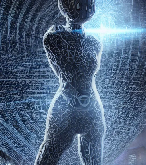 Image similar to aura of the ancient destroyed majestic tower of babylon, geometrieva in a gantz suit, futuristic cyber clothing, transparent puffer jacket, tarkovsky greatest scene, hyperealistic, blockchain, cyber world, ambient lighting, concept art, intricate, hyper detailed, smooth, dynamic volumetric lighting, ocatane, ray trace, cinematic, high quality, cgsociety