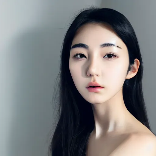 Prompt: Gorgeous young korean woman with short dark hair and light brown eyes, popular korean makeup, smooth light skin, smooth chin, high detail, photo realistic, 4k detail, portrait photo