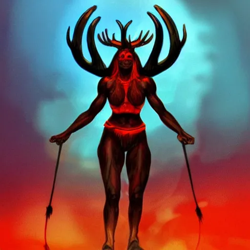 Image similar to digital illustration of a buff dark skinned woman, war face paint, shaman, red hair, antlers, character concept art + the background is a rain of fire + made by roger dean