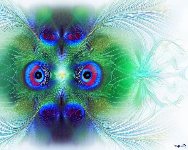 Prompt: symmetrical insect, peacock. intricate, centered, amazing composition by amano yoshitaka, by rembrandt, illustrious makinami, digital art, digital painting, artstation trending, unreal engine, fractal flame, transparent jellyfish, transparent feathers, bio luminescent, ice, water