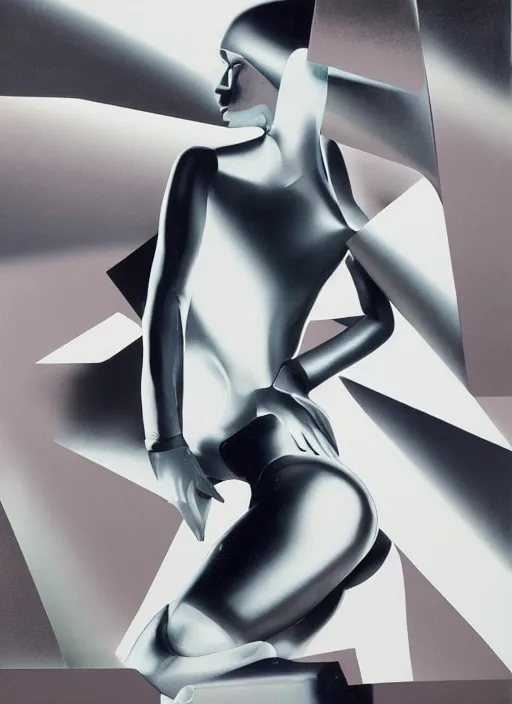 Image similar to futuristic lasers tracing, colorsmoke, leather fullbodysuit, pyramid hoodvisor, raindrops, wet, oiled, beautiful cyborg girl, by steven meisel, kaws, rolf armstrong, mondrian, kandinsky, perfect geometry abstract acrylic, octane hyperrealism photorealistic airbrush collage painting, dark monochrome, fluorescent colors, minimalist rule of thirds, eighties eros