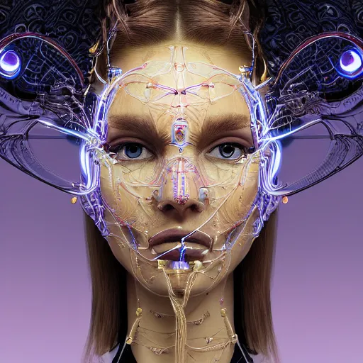 Prompt: very beautiful woman integrating with technology, full face frontal centered, portrait, insipiring, detailed intricate ornate neon cables connected to head, very detailed eyes, luxurious detailed abundent wiring and implants mask, golen porcelain, renaissance, sci - fi, detailed technology background with cyber flowers and insects, dramatic lighting, photography, highly detailed, artstation, 8 k,