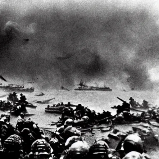 Image similar to go pro footage of d - day invasion, violent, blood, render