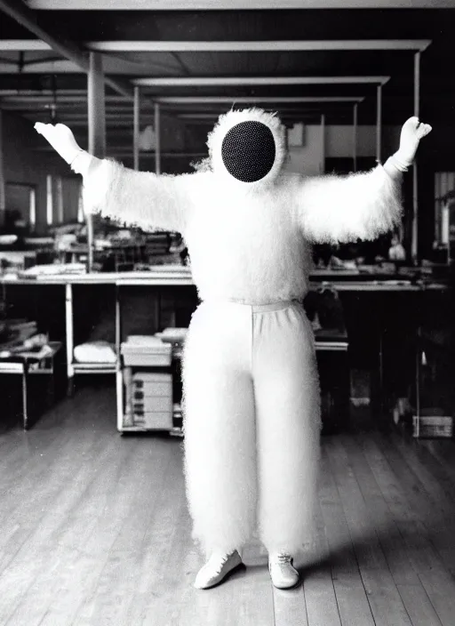 Image similar to realistic photo portrait of the person, white carnival fluffy mask no eyes no mouth, wearing hairy fluffy cotton shorts, dancing in the spacious wooden polished and fancy expensive wooden laboratory hall interior 1 9 9 0, life magazine reportage photo