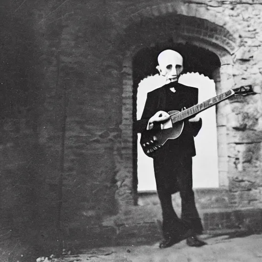 Image similar to vintage photograph of count orlok outside his castle, playing the blues on guitar, castle in the background, 4 k