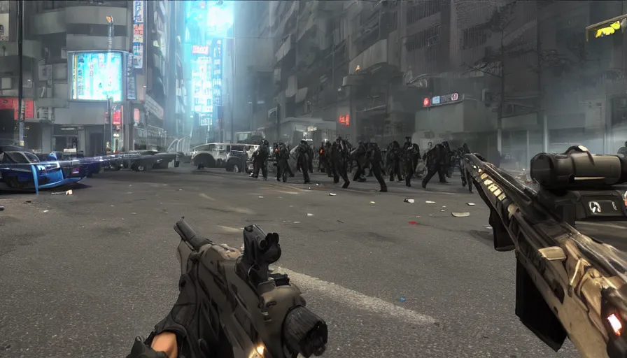 Image similar to 2020 Video Game Screenshot, Anime Neo-tokyo Cyborg bank robbers vs police, Set inside of the Bank, Open Vault, Multiplayer set-piece Ambush, Tactical Squads :19, Police officers under heavy fire, Police Calling for back up, Bullet Holes and Realistic Blood Splatter, :6 Gas Grenades, Riot Shields, Large Caliber Sniper Fire, Chaos, Metal Gear Solid Anime Cyberpunk, Akira Anime Cyberpunk, Anime Bullet VFX, Anime Machine Gun Fire, Violent Action, Sakuga Gunplay, Shootout, :14 Quibli MToon Shader :19 , Inspired by Intruder :11 Cel Shaded by Katsuhiro Otomo: 19, 🕹️ 😎 🚬