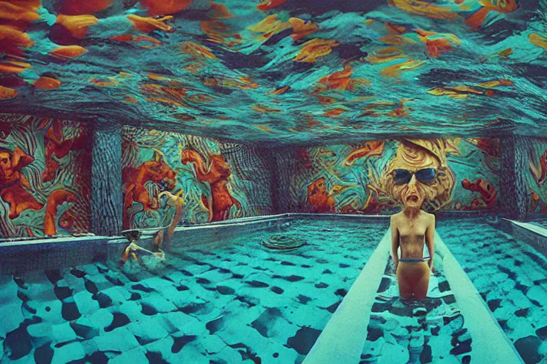 Image similar to 35mm color lomography, last photo, portrait, fashion shoot, weird, random, strange, spooky, hyperdetailed, photorealistic, high fashion, interesting, swimming pool, david cronenberg, by Jacek Yerka