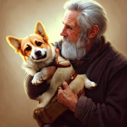 Image similar to portrait of a old, ruggedly handsome man holding a corgi dog, soft hair, muscular, half body, cloth, hairy, d & d, fantasy, intricate, elegant, highly detailed, digital painting, artstation, concept art, smooth, sharp focus, illustration, art by artgerm and greg rutkowski and alphonse mucha