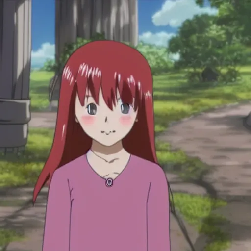 Image similar to A still from an anime of a young woman with a fake nose has red hair in the style of Studio Ghibli,