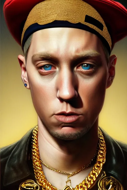 Prompt: highly detailed portrait of Eminem wearing a beret and gold chains and brandishing a pistol, big eyes, realistic portrait, symmetrical, highly detailed, digital painting, artstation, concept art, smooth, sharp focus, illustration, cinematic lighting, art by artgerm and greg rutkowski and alphonse mucha