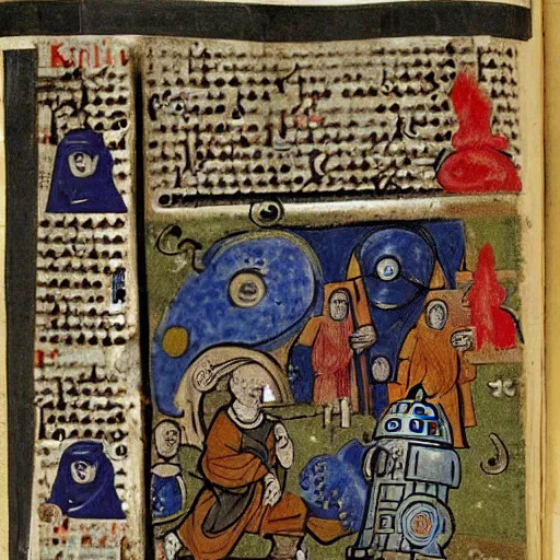 Image similar to page from a 1 4 th century monk's manuscript illustrating an epic battle between r 2 d 2 and pepe the frog