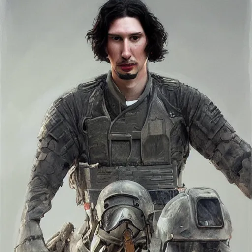 Image similar to portrait of adam driver helping a wounded john oliver, standing together, stoic, full body, military uniform, battle, war, fantasy, intricate, elegant, beautiful, highly detailed, charcoal, centered, dark, smokey, digital painting, artstation, concept art, smooth, sharp focus, illustration, art by artgerm and greg rutkowski and alphonse mucha