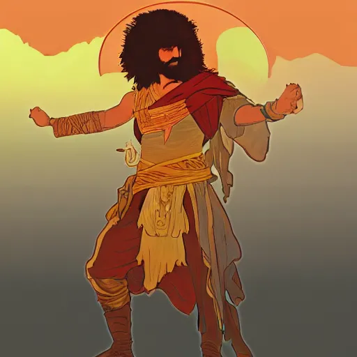 Image similar to an ultra detailed vector image of the prince of persia dressed as bob ross, concept art by alphonse mucha and greg rutkowski, bright red desert sands, bright yellow and red sun, octane render, praise the sun