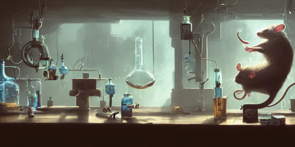 Image similar to rat sitting on a desk in a laboratory with lots of flasks filled with magic liquids and poisonous fog, stephen bliss, unreal engine, fantasy art by greg rutkowski, loish, rhads, ferdinand knab, ilya kuvshinov, rossdraws, tom bagshaw, global illumination, radiant soft light, detailed and intricate environment