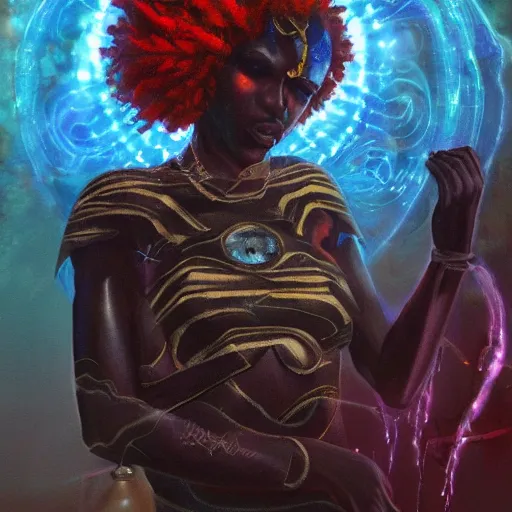 Prompt: afrofuturistic techno - mage uploading ancestral knowledge to the uni - mind interface, dark fantasy, occult, high - quality, surrealist oil painting, artstation