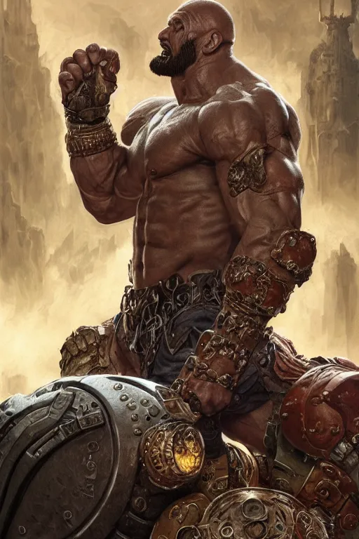 Image similar to ultra realistic illustration,, a hulking herculean dave bautista with leather armour, from doom and warhammer, intricate, elegant, highly detailed, digital painting, artstation, concept art, smooth, sharp focus, illustration, art by artgerm and greg rutkowski and alphonse mucha