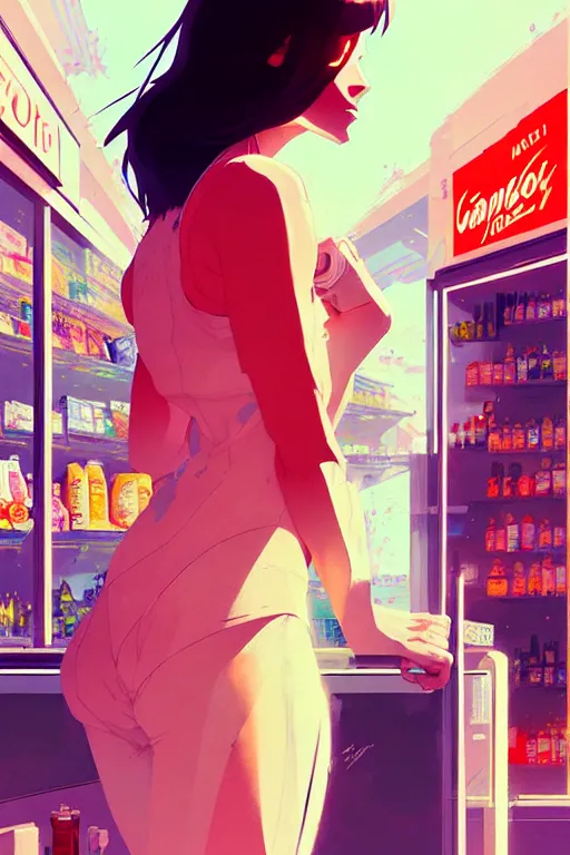 Image similar to a ultradetailed beautiful panting of a stylish woman standing in a convenience store, by conrad roset, greg rutkowski and makoto shinkai trending on artstation