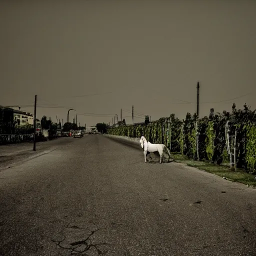 Prompt: a wandering horse left on the street, dark smoke in the background, filthy streets, broken cars. Vines growing. Jpeg artifacts. Trending on flickr. Colored photo. Samyang/Rokinon Xeen 50mm T1.5